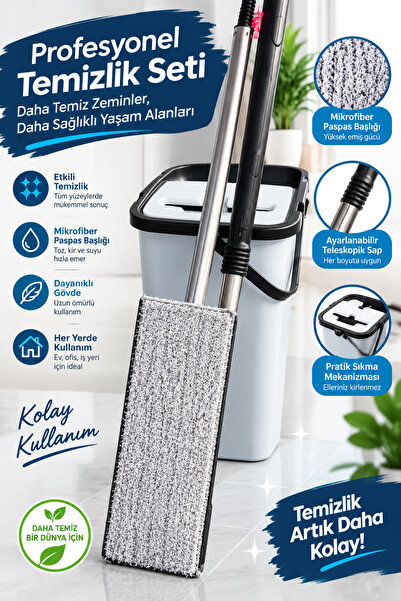 Profesyonel Sıkmalı Mikrofiber Mop Temizlik Seti - Kolay Kullanım Dikey Paspas ve Kovası