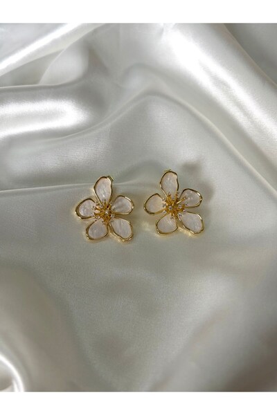 Eylülün Takısı Women's Gold Color Stone and Pearlescent Flower Model Steel Ea...