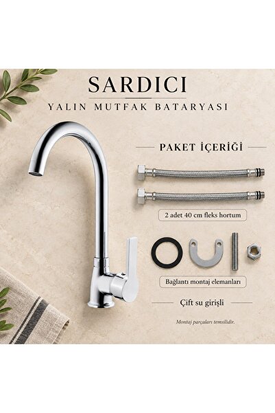 Sardıcı Yalın Mutfak Evye Bataryası Krom Pirinç Gövde Çift Su Girişli Tam Takım