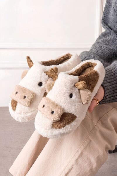 FUGA MODA Milko Mink White Cow Figured Plush Women's Winter House Slippers