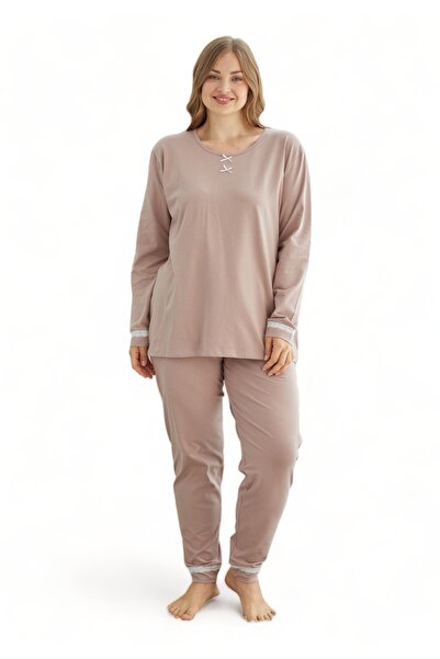 SeXen Πιτζάμα γυναικεία βαμβακερή Plus Size Simplicity - Καμηλό