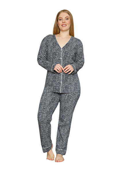 SeXen Πιτζάμα γυναικεία Plus Size με κουμπιά Blue Party - Μπλε