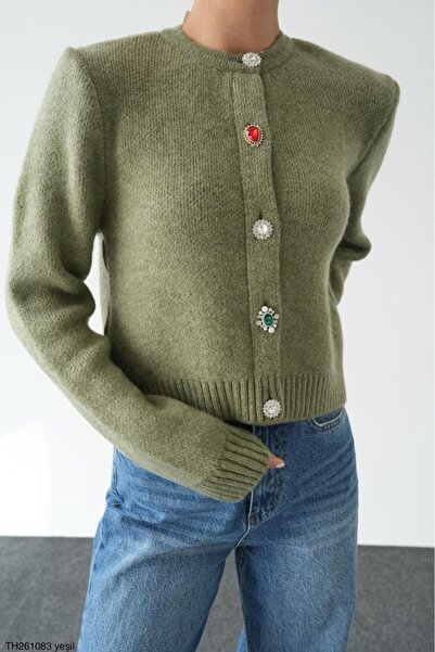 CADDELAMODA Women's Stone Button Detailed Soft Premium Cardigan