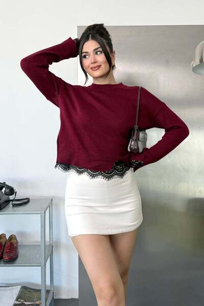 GİYSA Women's Sleeveless and Skirted Knitwear Sweater Burgundy - 27K 2652