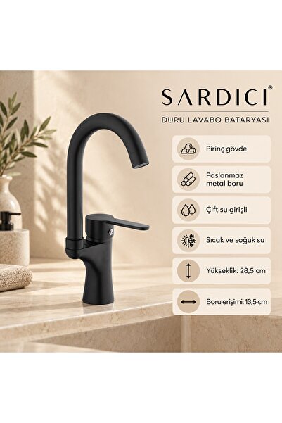 Sardıcı Duru Siyah Lavabo Bataryası Pirinç Gövde Çift Su Girişli Tam Takım
