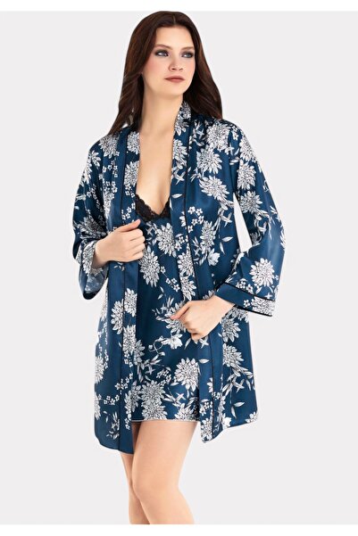 MOONGIRL Σετ Ρόμπα - Νυχτικό Satin Blue Elegant Floral - Μπλε