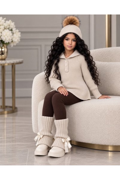 UZUN BUTİK Kids Girls' Knitwear Set: Sweater, Leggings, Tights, Beanie
