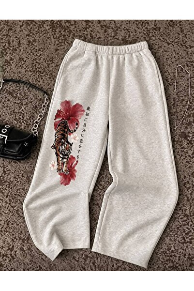LOUİSA Women's Tiger and Hibiscus Flower Printed Baggy Fit Gray Wide Leg Ribb...