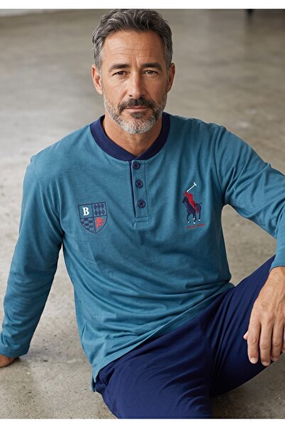 COLLECTİON Ανδρική Πιτζάμα Polo Φούτερ 65% Βαμβάκι Ελληνικής Κατασκευής Πετρόλ