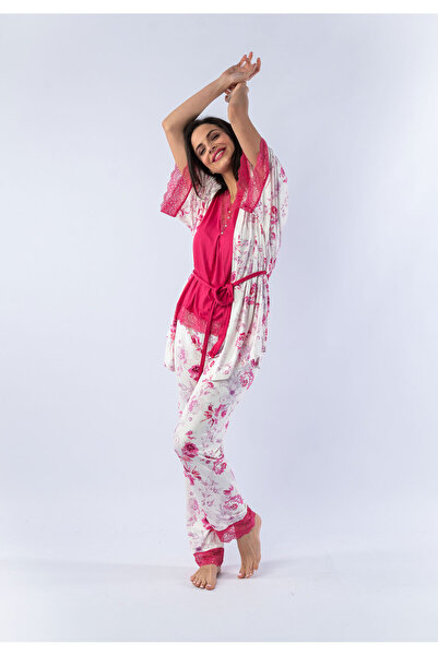 Sevim Σετ Ρόμπα - Πιτζάμα Pink Lace Floral - Εκρού