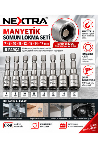NEXTRA 8 Parça Manyetik Somun Lokma Seti 7-8-10-11-12-13-14-17 mm Matkap Şarj...