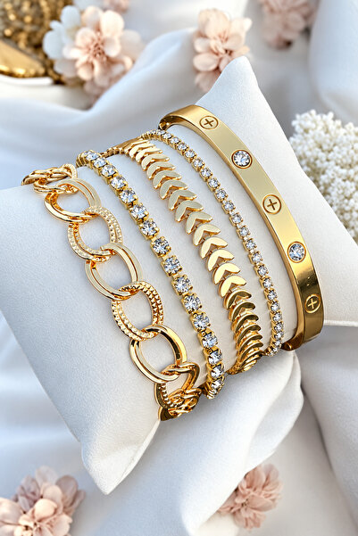 Crc Bijuteri Colorfast Gold Plated 5-Piece Zircon Stone Women's Bracelet Comb...