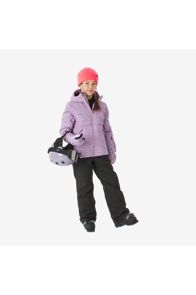Decathlon Çocuk Şişme Kayak Montu - 6/14 Yaş - Eflatun/Leopar Desenli - 100 Warm