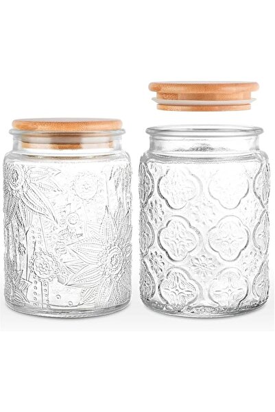Tazweeq Vintage Glass Jar 2 Pack, 700ml, Clear, Lead-Free Glass with Bamboo L...