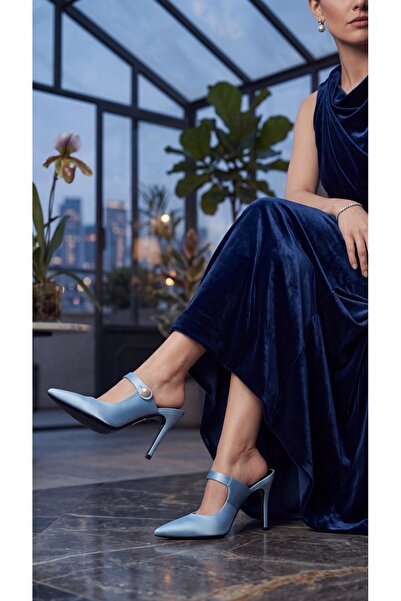 VixenneShoes Vixenne Kadın Buz Mavisi Saten İnci Düğmeli Sivri Burun 10 cm To...