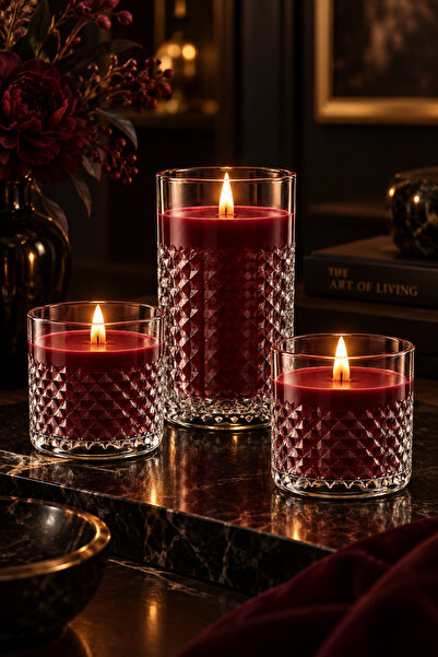 Mene Maison Mum Soya Wax Dekoratif Bordo Cam Bardak 3’lü Set Yaklaşık 1200 g ...