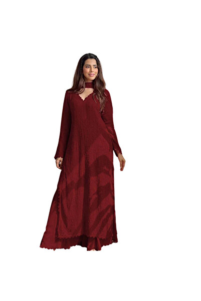MYSMAR Red Faux Georgette Salwar Kameez & Dupatta Set - HRT5439 | Red-Size:L-...