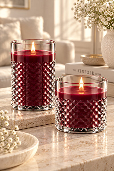 Mene Maison Mum Soya Wax Dekoratif Bordo Cam Bardak 500 g Ahşap Fitilli El Ya...