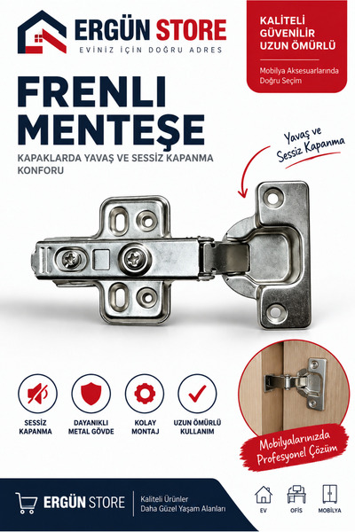Ergün Store Frenli Menteşe Pistonlu Yavaş Kapanan Dolap Kapak Menteşesi Düz 1...