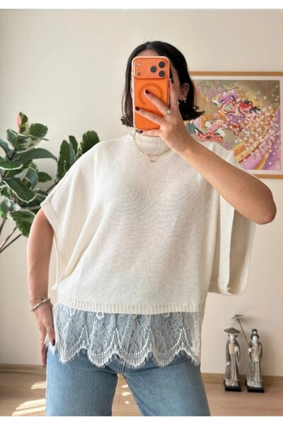 Trend Paris Lace Detailed Bat Sleeve Knitwear Sweater Ecru