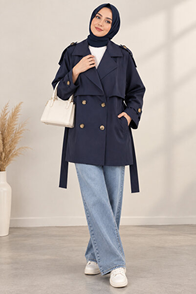 VıoShıne Women's Lined Belted Pocketed Double-Breasted Short Trench Coat