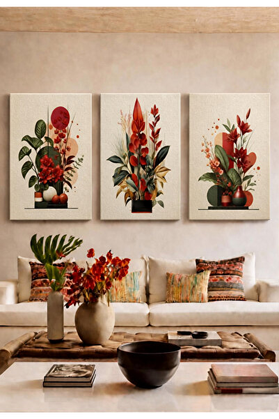 Design Craft House 3'lü Modern Çiçek Tasarım Ev Ofis İşyeri Dekorasyon Kanvas...