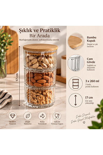 BK Ev ve Dizayn Bambu Kapaklı 3 Katlı Cam Saklama Kabı Seti (3x260 Ml)