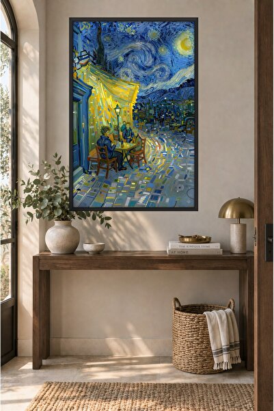 ZURİ DESİGN Van Gogh Tarzı Gece Kafe Terası Tablo Çerçeve Görünümlü MDF Duvar Tablosu Post-Empresyonist Sanat