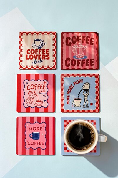Lazora Design Coffee Time 6’lı Kare Bardak Altlığı Seti MDF UV Dijital Baskı ...