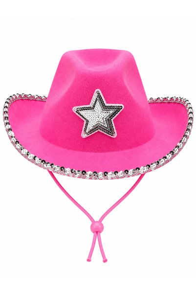 PARTİPORT Pink Sequined Star Cowboy Hat Adjustable Drawstring Party Costume A...