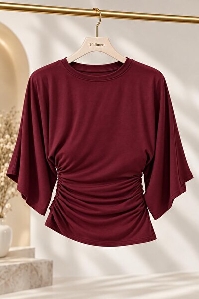 Raneel Kazançlı Alışveriş Women's Side Gathered Bat Sleeve Blouse Burgundy
