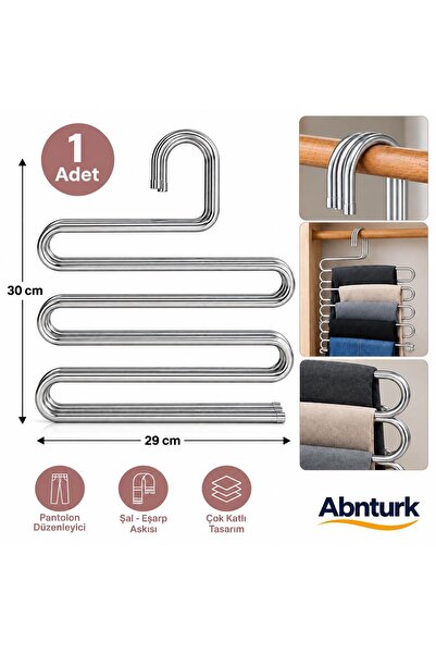 abnturk 5 Katlı Metal Pantolon Askısı-Dolap Elbise Askısı Giysi Eşarp Şal Kra...