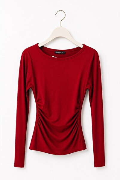 Raneel Kazançlı Alışveriş Women's Crew Neck Side Gathered Long Sleeve Blouse Red