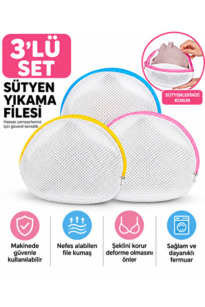 CinaMax 3 lü Set Sütyen Yıkama Filesi Çamaşır Makinesi Koruyucu File Fermuarl...