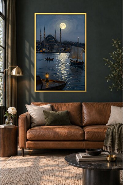 ZURİ DESİGN Aivazovsky Tarzı Mehtaplı İstanbul Boğazı Tablo Çerçeve Görünümlü MDF Duvar Tablosu Romantik Manzara