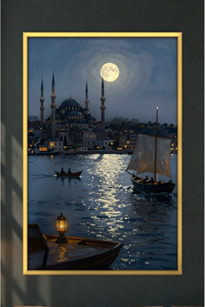ZURİ DESİGN Aivazovsky Tarzı Mehtaplı İstanbul Boğazı Tablo Çerçeve Görünümlü MDF Duvar Tablosu Romantik Manzara
