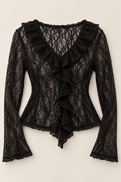Raneel Kazançlı Alışveriş Women's V-Neck Ruffle Detail Long Sleeve Lace Blous...