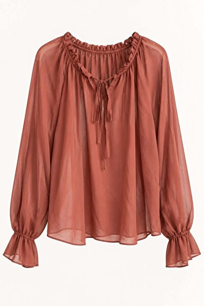 Raneel Kazançlı Alışveriş Women's Chiffon Oversize Blouse with Rubber Ruffle ...