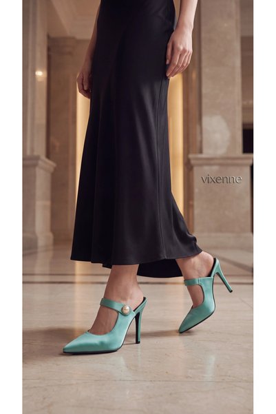 VixenneShoes Vixenne Kadın Su Yeşili Saten İnci Düğmeli Sivri Burun 10 cm Top...