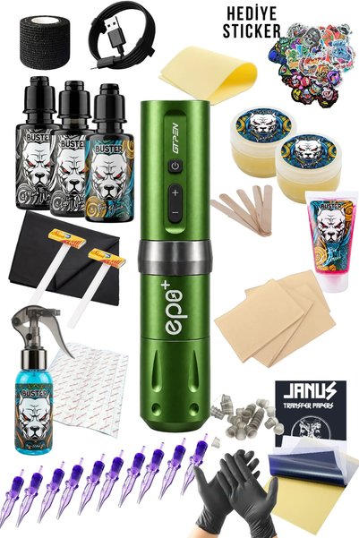 Tattoo AVA GT-PEN EP-8 4.2 Stroke Yeşil Kablosuz Dövme Makinesi Seti - Led Ekran Dövme Makinesi Seti