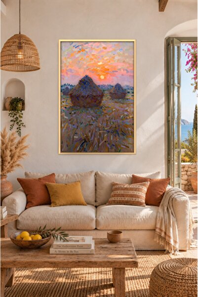 ZURİ DESİGN Monet Tarzı Gün Batımında Saman Yığınları Tablo Çerçeve Görünümlü MDF Duvar Tablosu