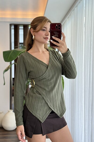 Raneel Kazançlı Alışveriş Women's V-Neck Blouse Asymmetrical Cut Buckle Detai...