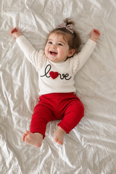 METEOR BABY Kız Bebek Takımı Love Yazılı Kalp Detaylı 2'li Alt Üst Takım Mevs...