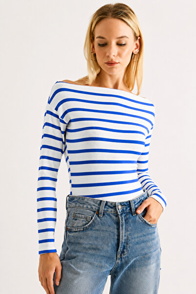 Raneel Kazançlı Alışveriş Stripe Pattern Wide Collar Long Sleeve Blouse Saks