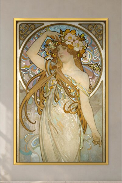 ZURİ DESİGN Mucha Tarzı Çiçek Taçlı Art Nouveau Kadın Tablo Çerçeve Görünümlü MDF Duvar Tablosu