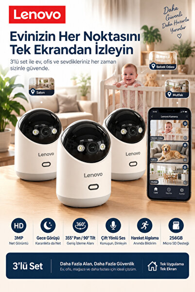 LENOVO Ev Kamerası | 3'lü SET 2K 3MP, WiFi, Sesli, 360° Ptz, Mobil Kontrol, H...