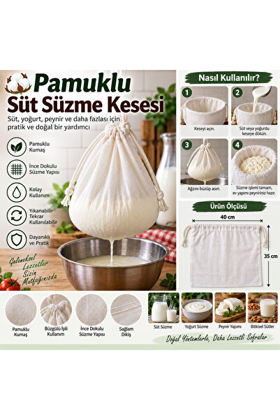 Magiclady Pamuklu Süt Süzme Kesesi 40 × 35 cm – Büzgülü İpli Yoğurt ve Peynir...