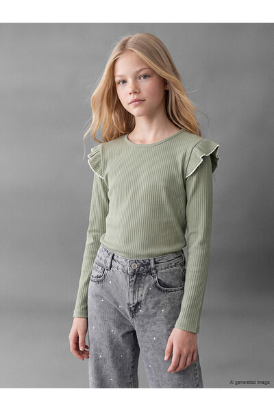 LC Waikiki Two Mt Shop Quality Lcw Kids Green Ruffle Detailed Oval Neck Girls...