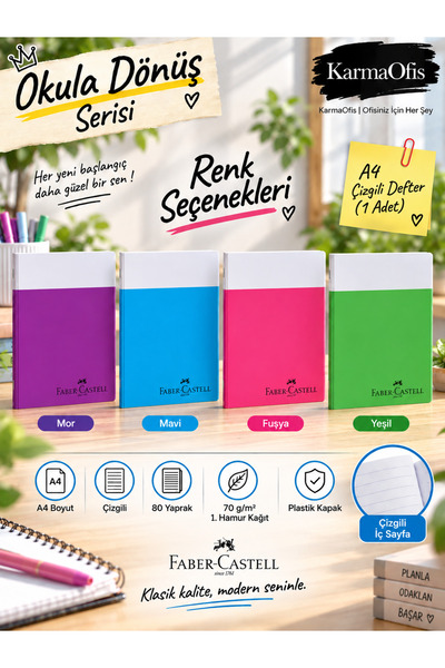 Faber Castell Faber-Castell A4 Çizgili Defter 80 Yaprak 70 gr Plastik Kapak – Mor Renk Seçenekli