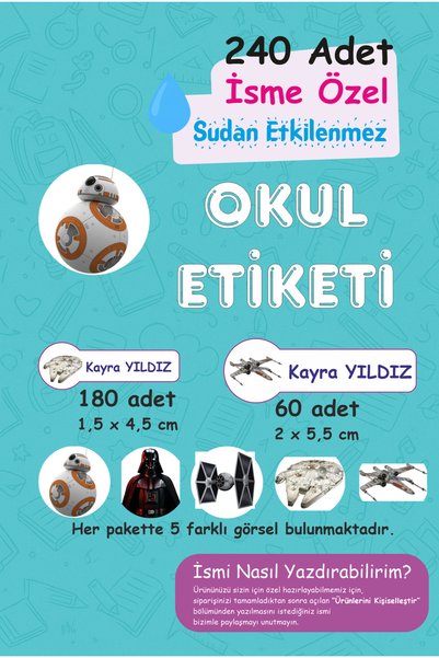 Yıldız Savaşları Kişiye Özel Sudan Etkilenmeyen Okul Etiketi 240 Adet